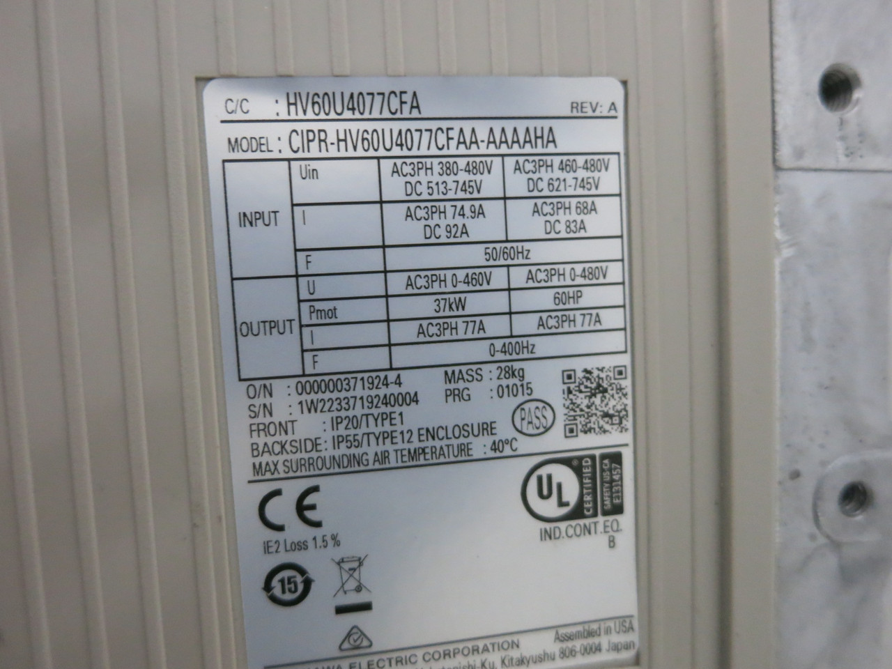Yaskawa CIPR-HV60U4077CFAA-AAAAHA 60 HP HV600 AC VS Drive Pump Fan